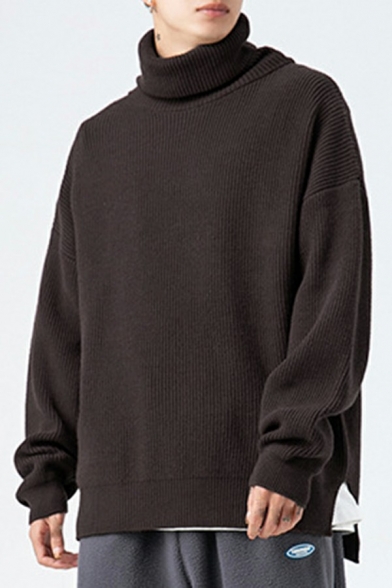 Comfy Mens Sweater Pure Color Side Split High Neck Baggy Long Sleeve Pullover Sweater