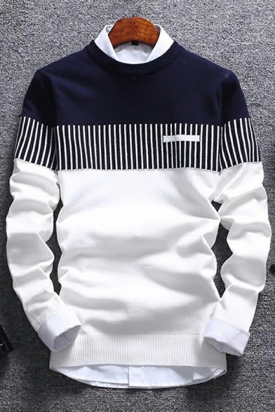 Cool Sweater Striped Pattern Round Neck Rib Cuffs Long Sleeves Slim Sweater for Men