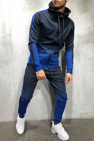 Dashing Co-ords Ombre Pattern Drawcord Long Sleeves Skinny Hooded Hoodie with Pants Two Piece Set for Men