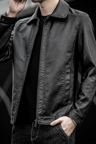 Dashing Leather Jacket Solid Color Stand Collar Long Sleeve Pocket Detail Zip Placket Leather Jacket for Men