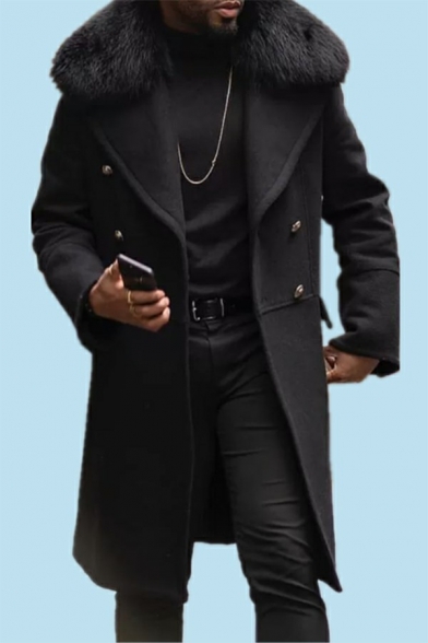 Fashion Men's Coat Solid Color Furry Collar Button Fly Knee Length Long Sleeve Coat