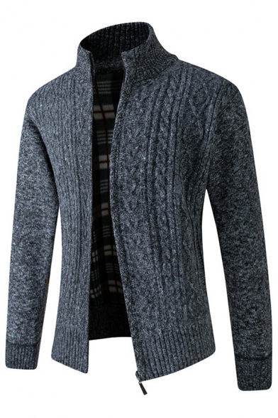 Guy's Fashionable Cardigan Whole Colored Cable Knit Stand Collar Slim Long-Sleeved Zipper Cardigan