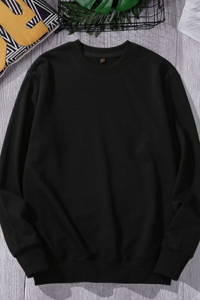 Guys Creative Sweatshirt Solid Color Round Neck Loose Fit Long-sleeved Sweatshirt