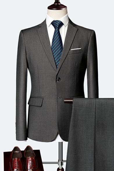Guys Simple Suit Set Long-sleeved Lapel Collar Pocket Embellish Button Up Mid-Rised Pants Suit Set