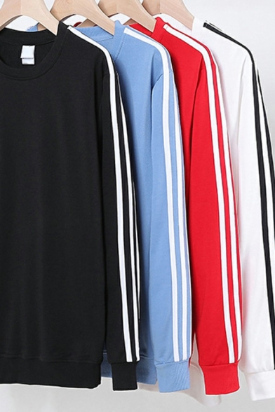 Men Casual Sweatshirt Stripe Print Round Neck Rib Cuffs Long Sleeve Oversized Sweatshirt