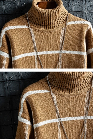 Men Popular Sweater Checked Pattern High Collar Rib Cuffs Long Sleeves Loose Fit Sweater