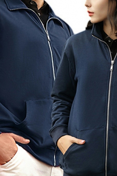Men's Modern Sweatshirt Plain Turn-down Collar Pocket Zip-up Long Sleeve Sweatshirt