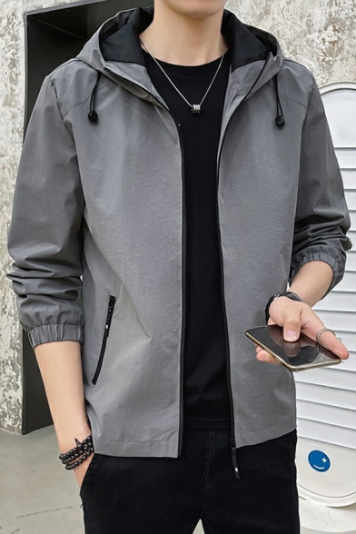 Mens Casual Plain Jacket Hooded Zipper Closure Drawstring Front Pocket Long-Sleeved Regular Fit Jacket