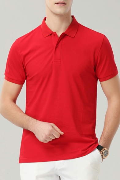 Mens Leisure Polo Shirt Pure Color Turn-Down Collar Slim Fitted Short Sleeves Polo Shirt