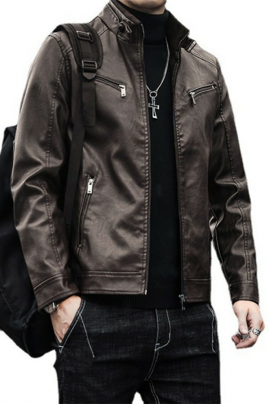 Mens Pop Jacket Solid Color Zip-up Designed Stand Collar Fitted Long Sleeves Zip Closure Leather Jacket