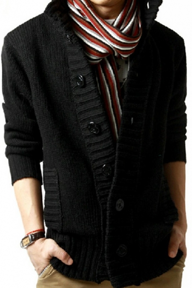 Mens Trendy Knitted Cardigan Plain Ribbed Trim Stand Collar Button Down Long Sleeve Slim Fit Cardigan