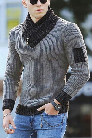 Original Guy's Sweater Color-blocking Long Sleeve Shawl Neck Slim Fitted Pullover Sweater
