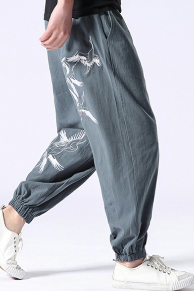 Popular Mens Drawstring Pants Crane Pattern Mid Rise Elastic Waist Loose Fit Pants