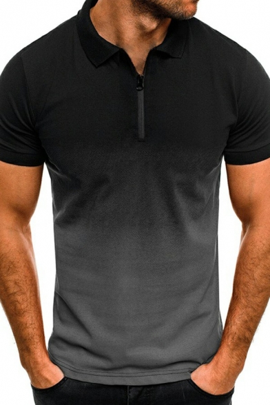 Popular Polo Shirt Ombre Pattern Spread Collar 1/4 Zip Short Sleeves Slim Fit Polo Shirt for Men