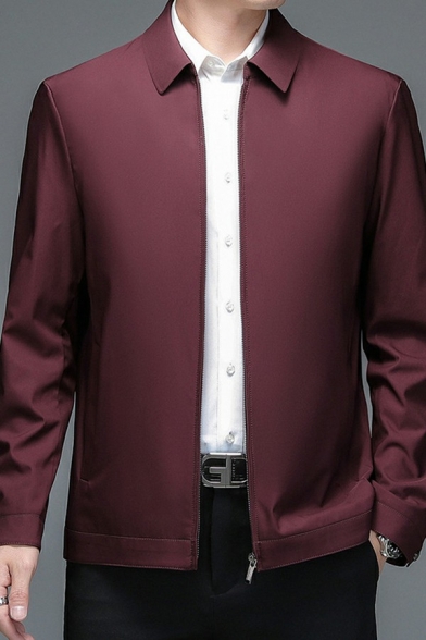 Stylish Solid Color Mens Jacket Zip Closure Turn Down Collar Long Sleeves Slim Cut Casual Jacket