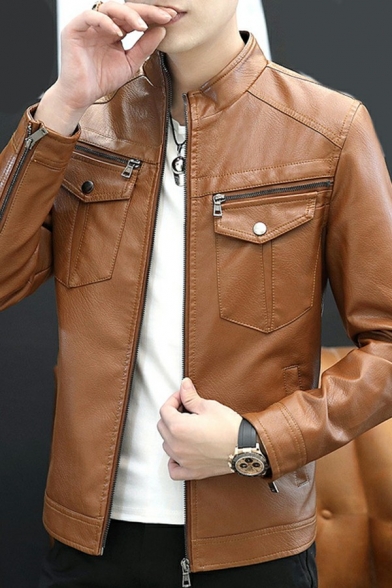 Trendy Jacket Solid Color Flap Pocket Stand Collar Long Sleeve Skinny Leather Jacket for Guys