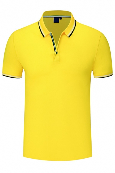 Trendy Polo Shirt Contrast Color Trim Button Half Placket Slim Short Sleeve Polo Shirt for Men