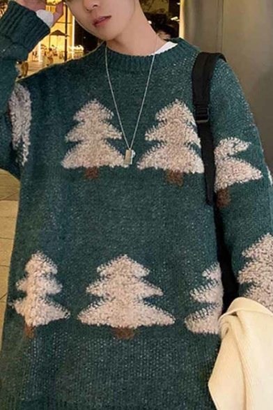 Unique Men's Sweater Christmas Tree Pattern Round Neck Long Sleeve Loose Fit Sweater