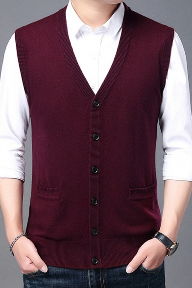 Unique Mens Knit  Vest Pure Color Sleeveless V-Neck Slim Fit Vest