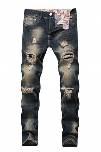 Urban Jeans Faded Washed Distressed Skinny Full Length Mid Rise Zip Fly Jeans for Men