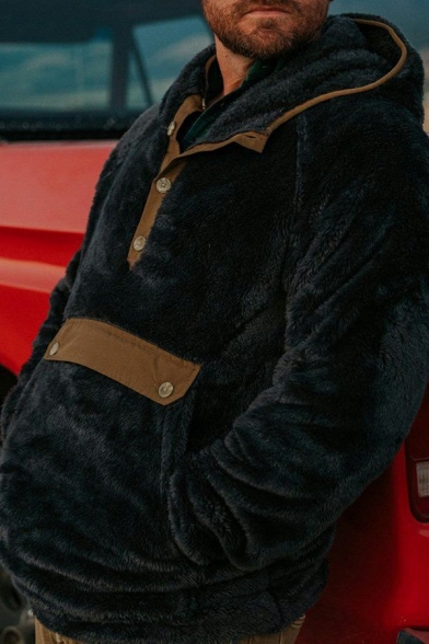 Vintage Mens Sweater Contrast Line Pattern Hooded Kangaroo Pocket Long Sleeve Loose Fit Pullover Sweater