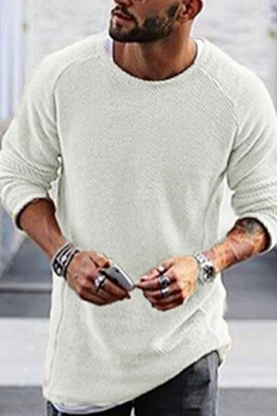 Vintage Sweater Plain Crew Neck Relaxed Long Sleeve Sweater for Men