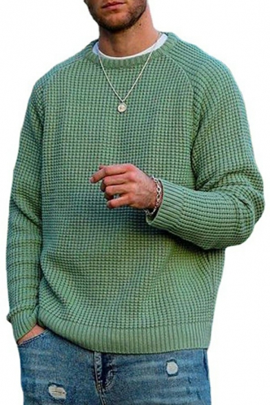 Basic Mens Pullover Solid Color Long-sleeved Crew Neck Loose Fit Pullover