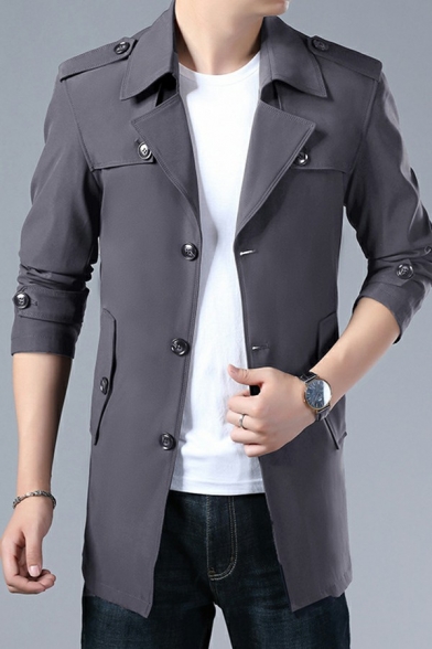 Boy's Trendy Coat Pure Color Lapel Collar Long Sleeve Regular Fitted Button Down Trench Coat
