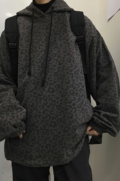 Boys Vintage Hoodie Leopard Printed Long-Sleeved Loose Fitted Hooded Hoodie