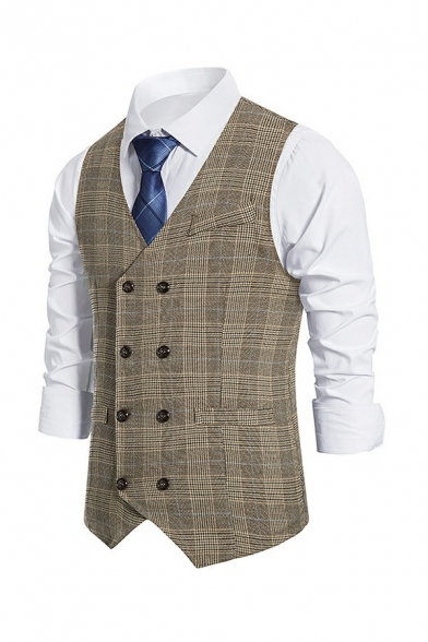 Business Vest Plaid Tartan Pattern Double Breasted Buckle Back Slimming Suit Vest for Men