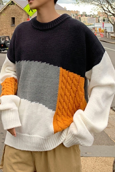 Casual Sweater Color Block Round Neck Rib Cuffs Long Sleeves Relaxed Sweater for Men