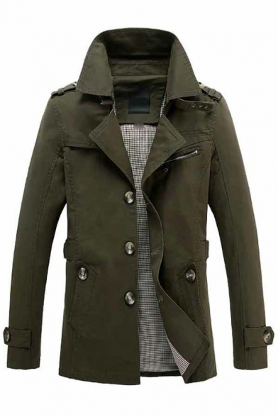 Chic Men Trench Coat Solid Color Lapel Collar Button Fly Epaulette Welt Pockets Slim Fit Trench Coat