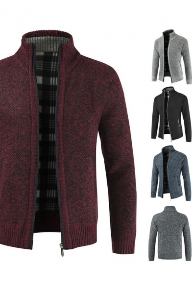 Comfortable Men's Cardigan Sweater Plain Stand Collar Zip Closure Long-Sleeved Regular Fit Cardigan Sweater