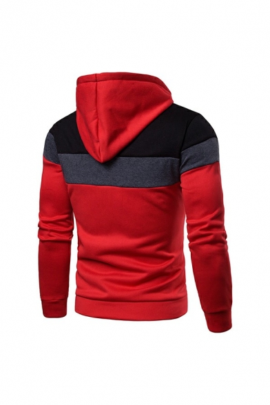 Dashing Contrast Panel Drawstring Zipper Placket Long Sleeve Slim Fitted Hoodie for Men