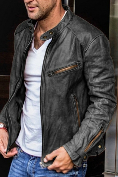 Elegant Guy's Jacket Whole Colored Chest Pocket Stand Collar Regular Fitted Leather Jacket