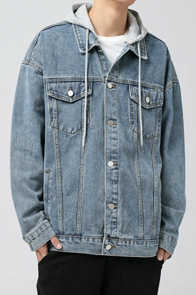 Fancy Jeans Jacket Hooded Button Up Side Pocket Long Sleeve Regular Fit Denim Jacket