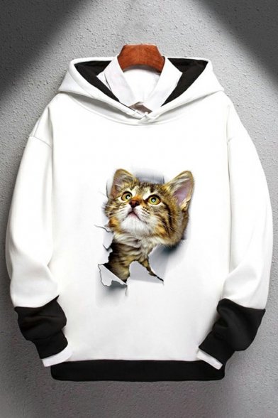 Fashion Hoodie 3D Cat Cartoon Pattern Contrast Panel Long Sleeves Regular Hooded Hoodie for Guys