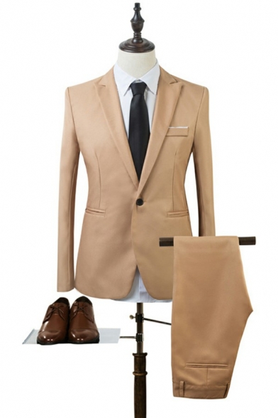 Guys Elegant Suit Set Collar Button Placket Long Sleeve Zipper Pants Suit Set
