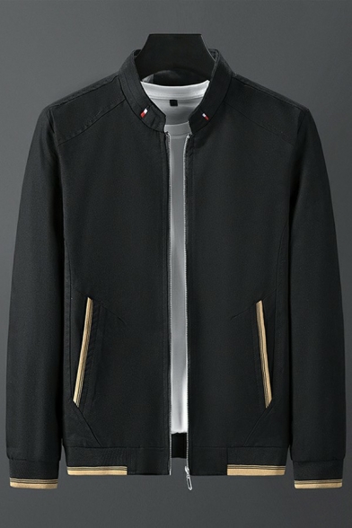 Hot Guy's Jacket Solid Color Contrast Trim Pocket Designed Long Sleeve Regular Stand Collar Jacket