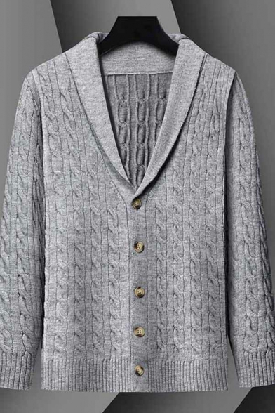 Leisure Men Cardigan Solid Color Cable Knit Button Fly Lapel Collar Long Sleeve Regular Fit Cardigan