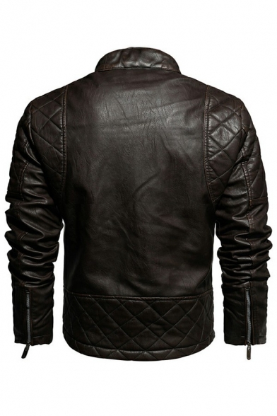 Men Casual Leather Jacket Plain Stand Collar Full-Zip Pocket Detail Long Sleeve Relaxed Leather Jacket