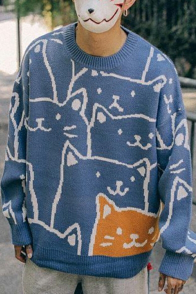 Men Edgy Sweater Cartoon Patterned Round Neck Rib Cuffs Long Sleeve Oversize Sweater