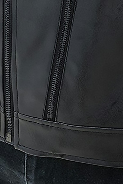 Men Elegant Leather Jacket Solid Color Suit Collar Full Zip Long-Sleeved Fitted Leather Jacket