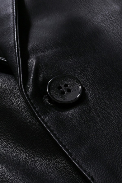 Men Street Style Leather Jacket Solid Color Suit Collar Flap Pocket Long Sleeves Regular Fit Leather Jacket