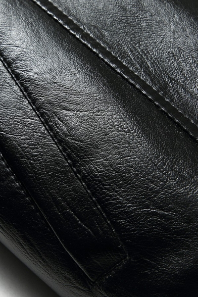 Men Stylish Leather Jacket Plain Stand Collar Full Zip Pocket Detail Long Sleeve Relaxed Leather Jacket