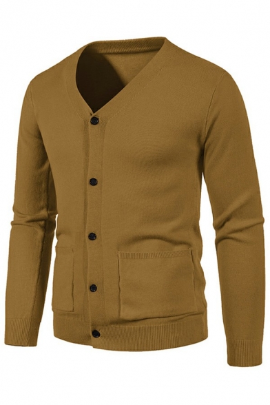 Men Urban Cardigan Plain V-Neck Button up Front Pocket Long Sleeve Slim Fit Cardigan