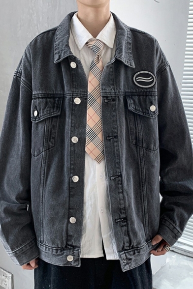 Mens Casual Embroidery Design Jacket Button Fly Flap Pockets Turn Down Collar Fitted Denim Jacket