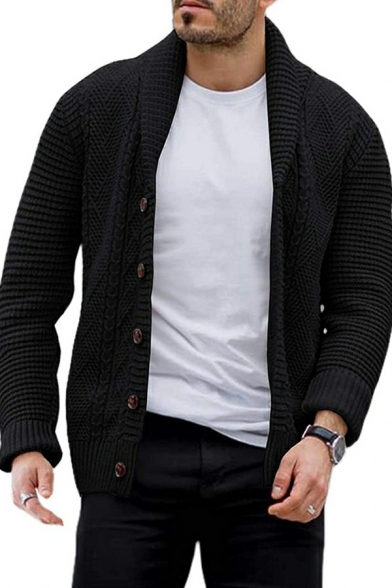 Mens Retro Cardigan Whole Colored Shawl Collar Skinny Long Sleeve Button Closure Cardigan