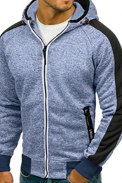 Retro Hoodie Arm Contrast Striped Long Sleeves Slimming Hooded Zip Closure Hoodie for Men