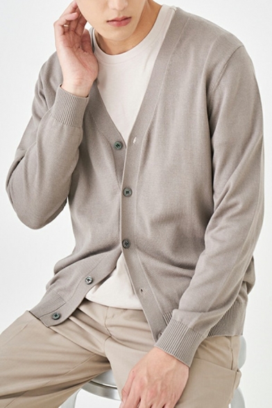 Simple Cardigan Pure Color V Neck Regular Long-Sleeved Button Fly Cardigan for Men